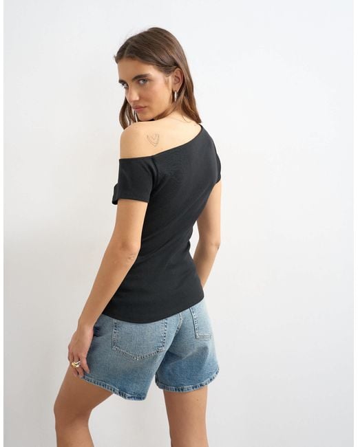 TOPSHOP Black Bardot Button Through Top