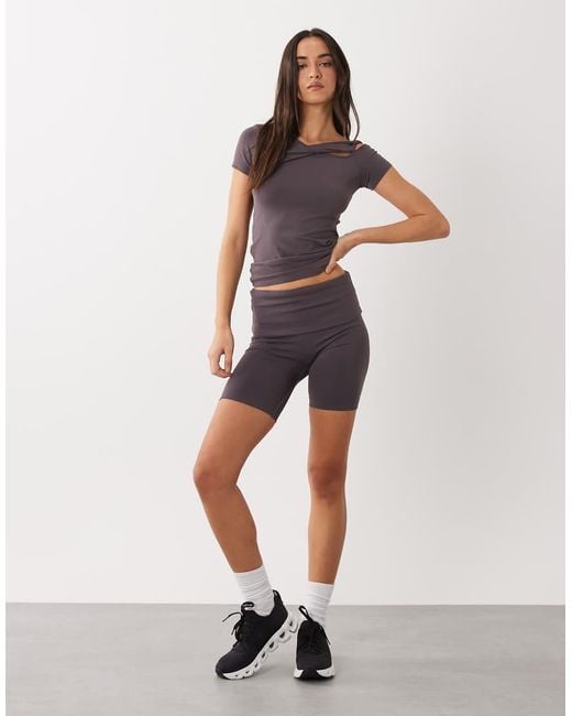 4505 Purple Plush Handle Asymmetric Drape Detail Cap Sleeve Studio Top