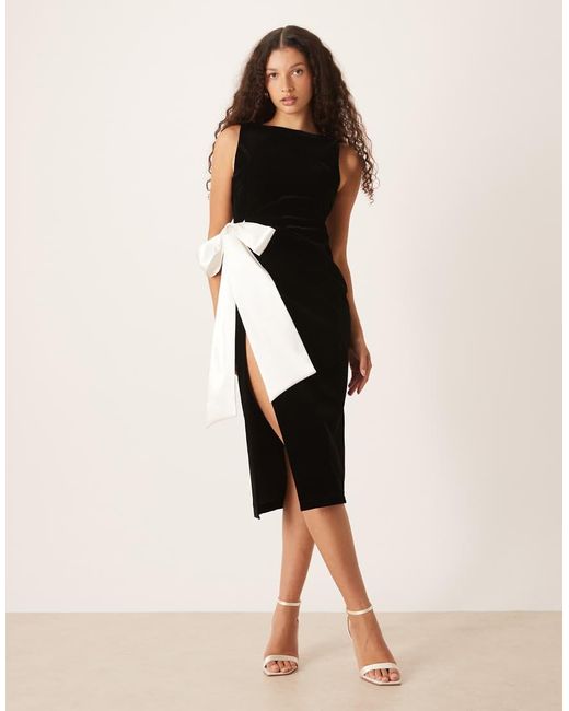 Hope & Ivy Natural Midi Dress With Contrast Satin Bow