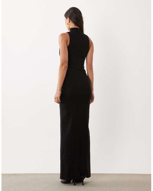 Vesper White Bengaline Scoop Maxi Dress With High Neck Detail