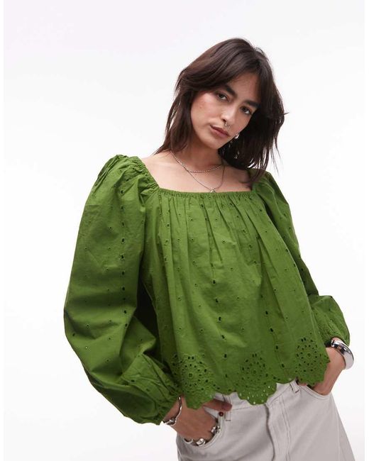 TOPSHOP Green Cutwork Long Sleeve Top