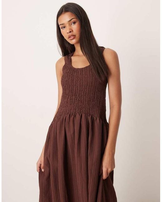 ASOS Brown Crinkle Scoop Neck Maxi Sundress With Shirred Waist