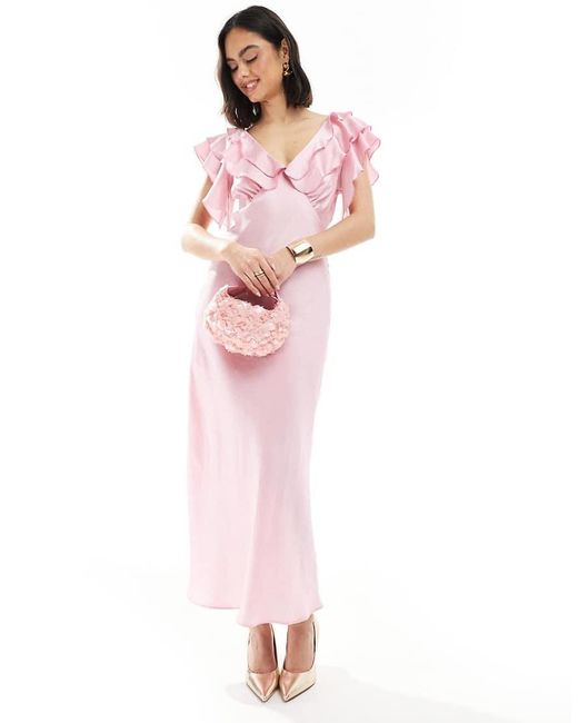 New Look Pink Ruffle Sleeve Satin Midi Dress