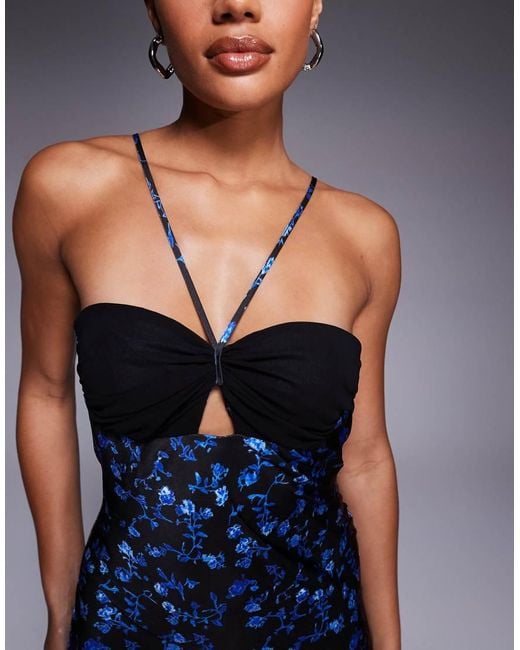 ASOS Blue Satin Strappy Halter Maxi Dress With Contrast Bust
