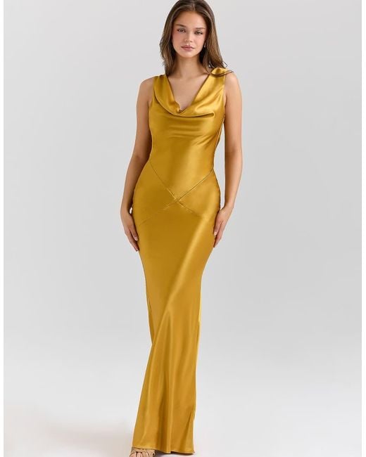 House Of Cb Metallic Safaira Amber Satin Draped Cowl Neck Maxi Dress