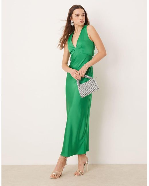 green tie back dress Elegant Mock Neck Hunter Green Satin Wrap Tie-Up Open Back Maxi Dress L / Hunter Green main image 1