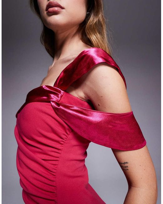 Goddiva Red One Shoulder Satin Band Bodycon Midi Dress