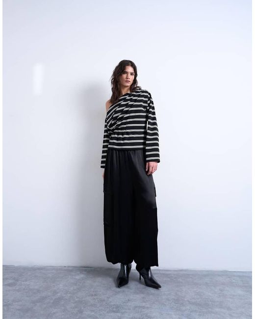 TOPSHOP Black Off The Shoulder Ruched Detail Long Sleeve Top
