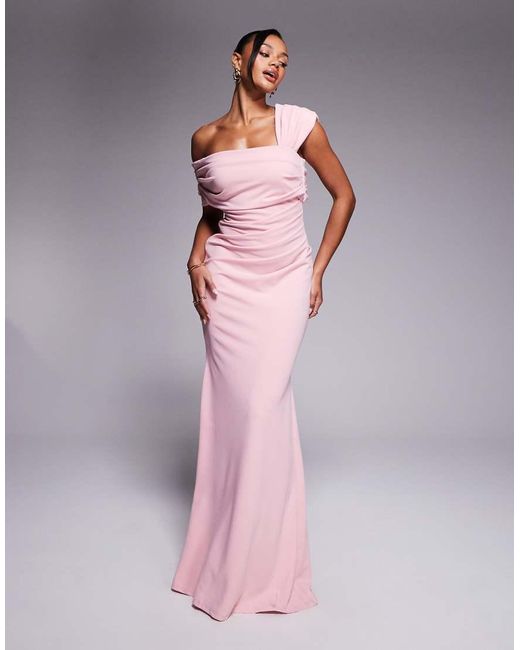 Goddiva Pink One Shoulder Scuba Crepe Evening Maxi Dress