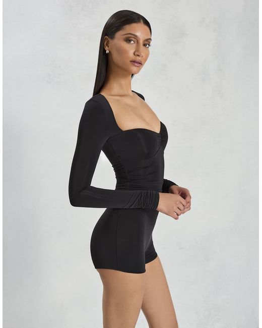 Oh Polly Black Sweetheart Long Sleeve Playsuit