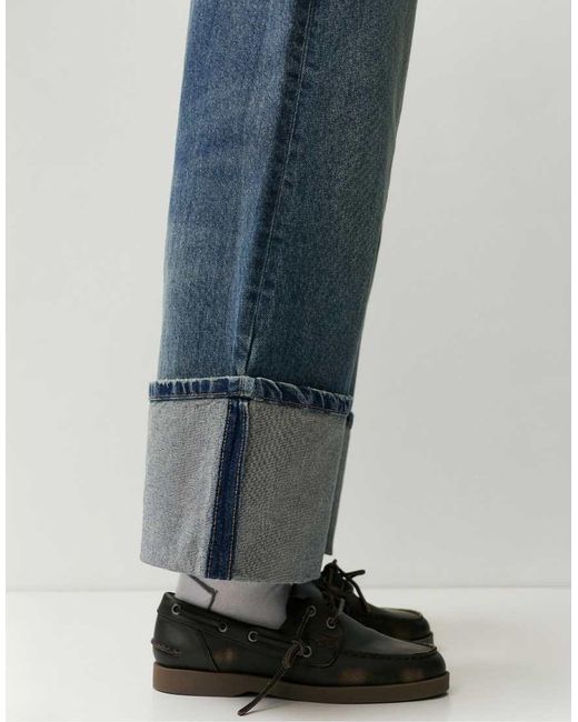 Pull&Bear Blue Loose Straight Leg Jeans With Turn-Up Hems