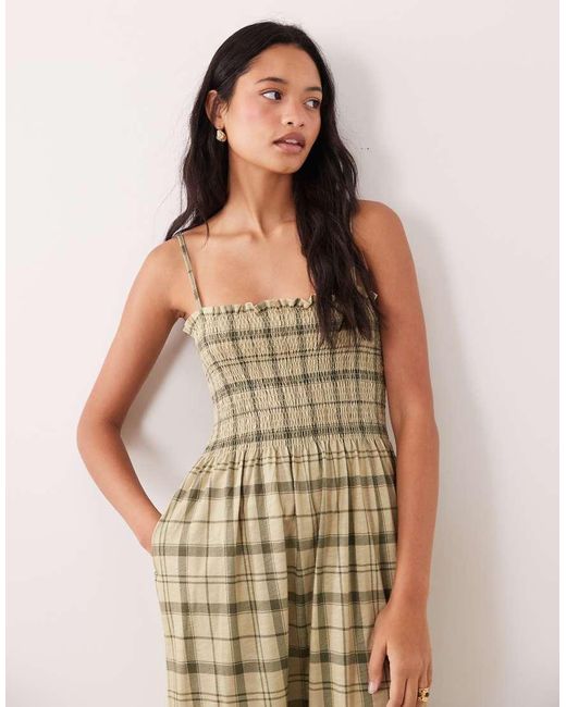 Barbour Natural Orla Shirred Tartan Strappy Midi Dress