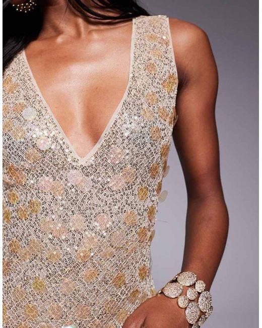 ASOS Metallic Statement Embellished Textured Plunge Maxi Dress With Mixed Sequins