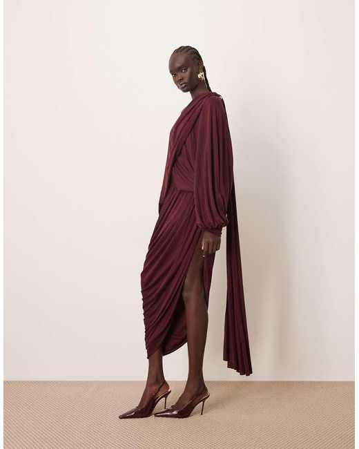 ARRANGE Purple Fallen Shoulder Draped Midi Dress With Train Back