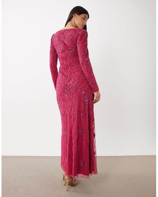 Beauut Red Fully Embellished Beaded Mesh Overlay Slash Neck Maxi Dress