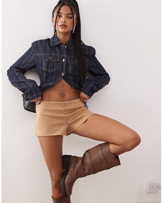 Lioness Brown Sun Drenched Faux Suede Low Waisted Micro Shorts