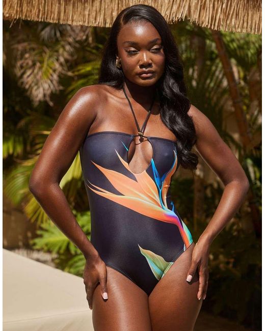 South Beach Green Bird Of Paradise Cut Out Swimsuit With Ring Detail