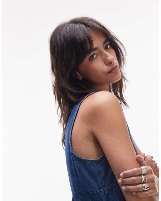 TOPSHOP Blue Denim Slash Neck Flippy Mini Dress