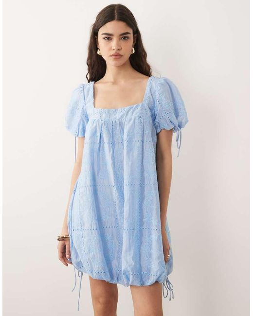 ASOS Blue Square Neck Bubble Mini Dress With Embroidery Detail