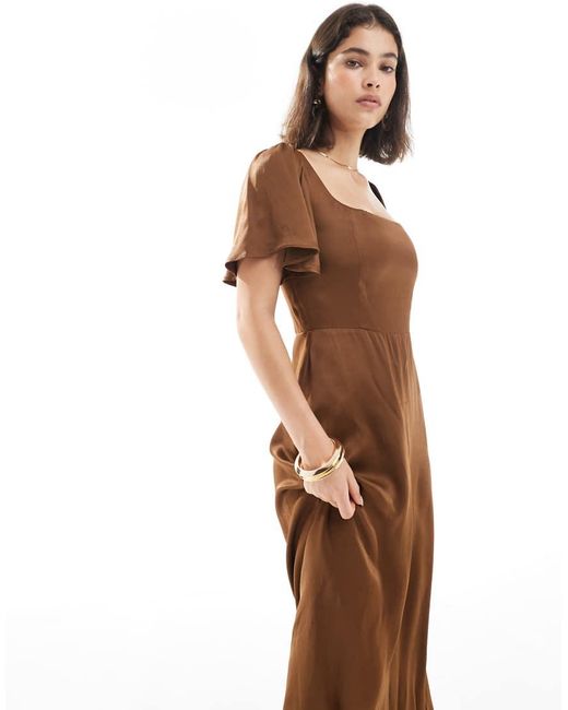 Maids To Measure Brown Bridesmaid Square Neck Flutter Sleeve Maxi Dress