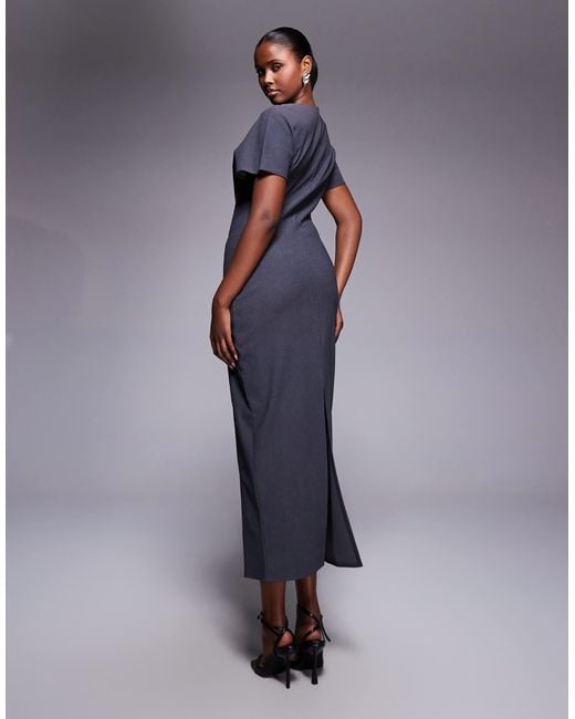 ASOS Blue Structured Short Sleeve V Neck Seamed Midi Dress