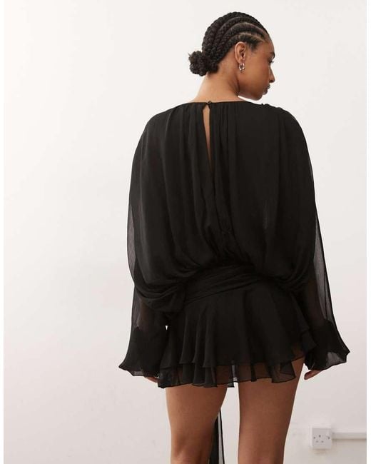 Lioness Black Elements Petite Chiffon Drape Detail Balloon Sleeve Tie Waist Mini Dress