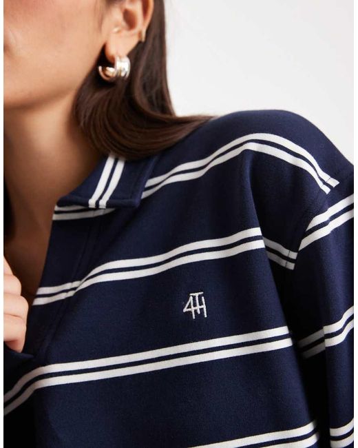 4th & Reckless Blue Cotton Rich Collared Long Sleeve Embroidered Logo Rugby Top