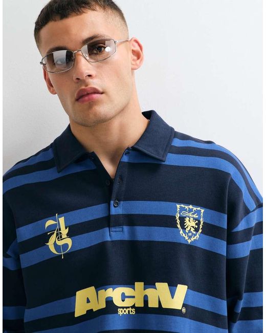 ASOS Blue Oversized Rugby Polo Stripe Sweatshirt With Graphic for men
