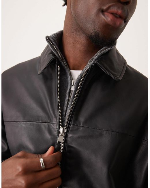 ASOS – hochwertige harrington-jacke mit kurzem schnitt aus echtem leder in Black für Herren
