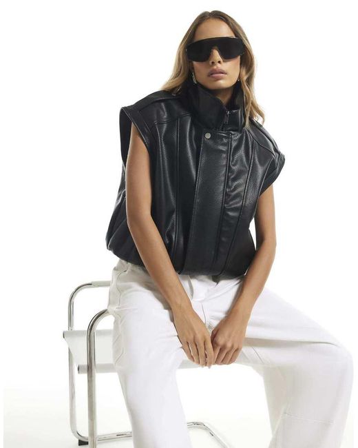 River Island Black Faux Leather Funnel Neck Biker Gilet