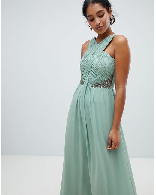 little mistress pleated maxi dress with lace hem detail