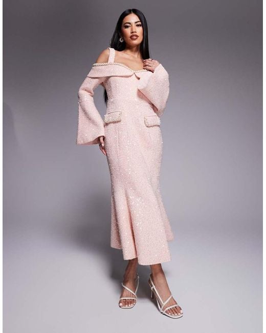 Lavish Alice Gray Sequin Boucle Cowl Long Midi Dress