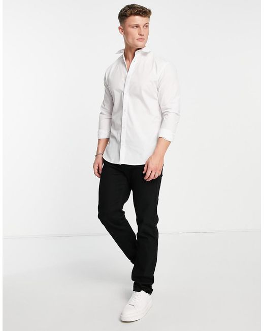 Jack & Jones White Originals Long Sleeve Stretch Cotton Shirt for men