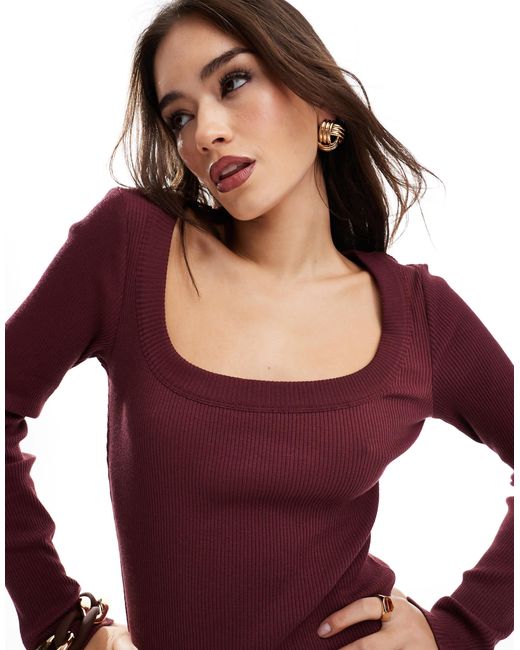 Top côtelé en maille compacte avec encolure ultra dégagée - bordeaux ASOS en coloris Purple
