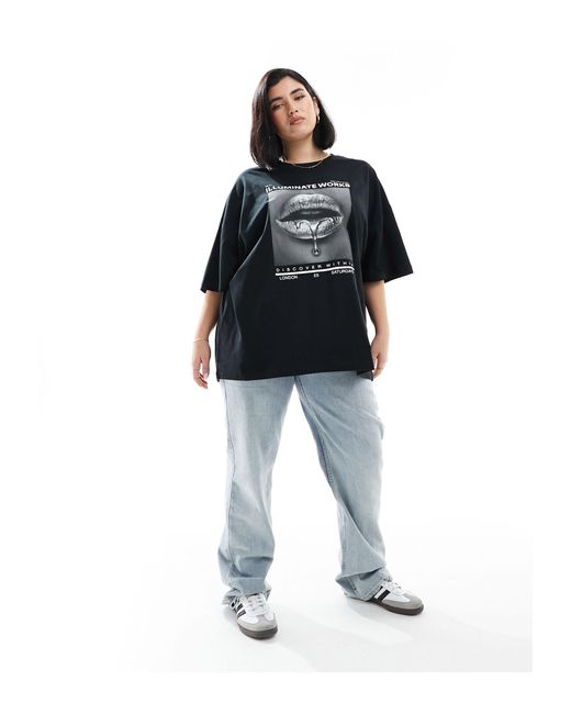 ASOS Black Asos Design Curve Boyfriend T-shirt With Silver Lips Graphic