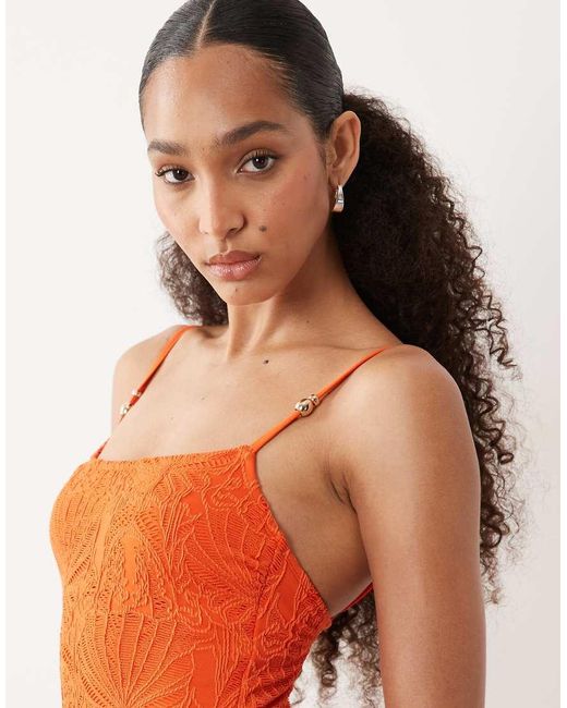 New Look Orange Crochet Ruched Side Swimsuit