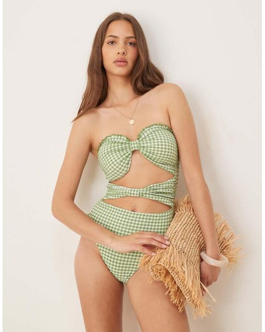 ASOS Green Dorothy Cut Out Bandeau Swimsuit Gingham