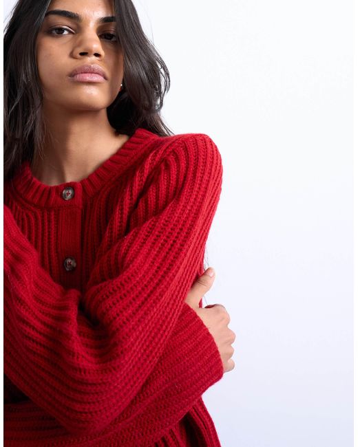 TOPSHOP Red Knitted Ribbed Crew Relaxed Button Cardigan