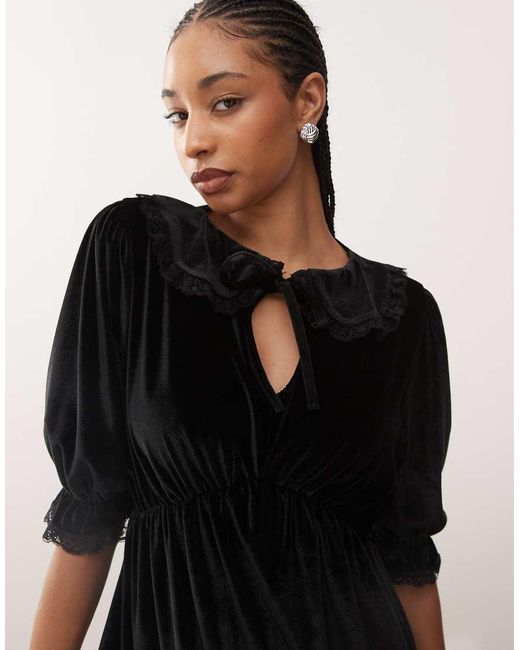 Reclaimed Vintage Black Velvet Collared Mini Dress With Lace Inserts