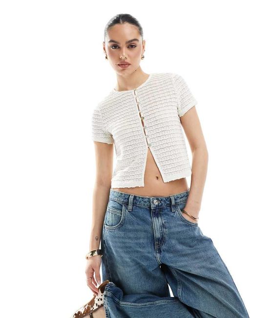 New Look Blue Lace Button Front Crop Top