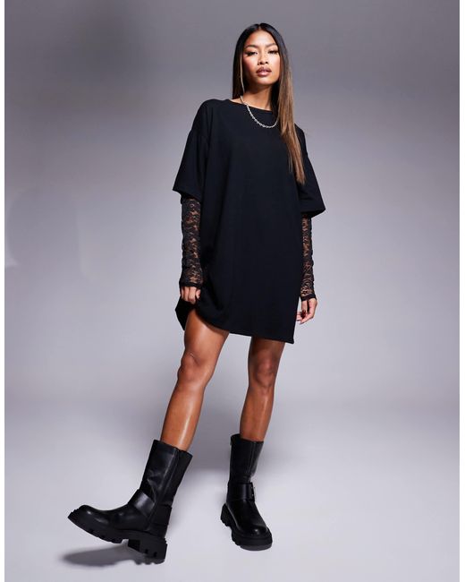 ASOS Blue T-shirt Mini Dress With Lace Sleeves