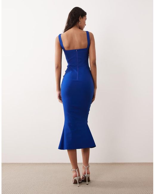 Vesper Blue Bengaline Sleeveless Square Neck Fishtail Midi Dress