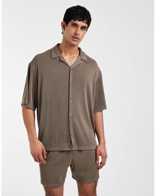 ASOS Brown Co-Ord Oversized Revere Plisse Shirt for men