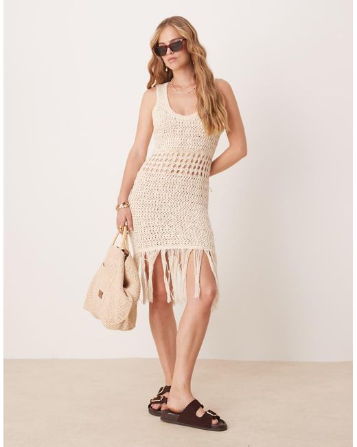 ASOS Natural Knitted Stitch Crochet Mini Dress With Fringe Detail
