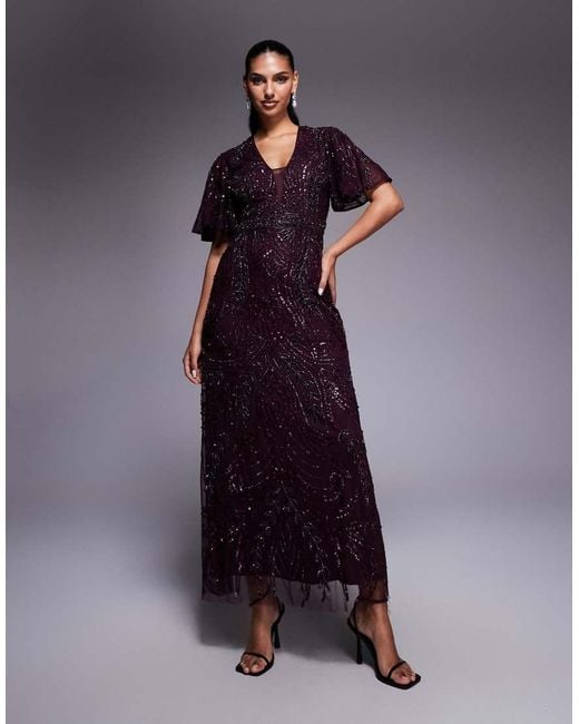 Beauut Blue Fully Embellished Beaded Mech V-neck Flutter Sleeve Maxi Dress