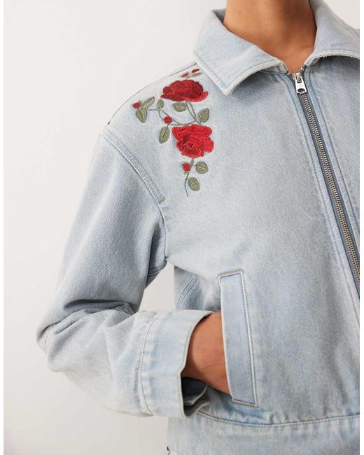 Abercrombie & Fitch Gray Denim Jacket With Floral Embroidery