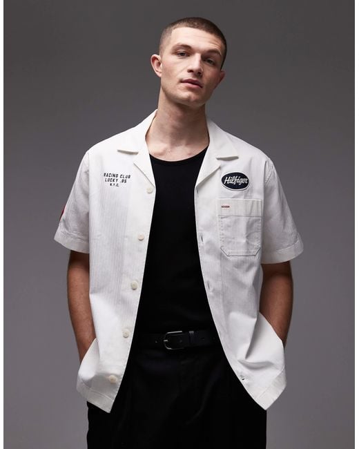 Tommy Hilfiger Gray Camp Patch Racing Logo Short Sleeve Shirt for men