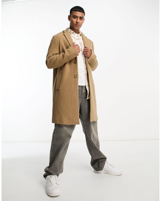 Pull Bear Overcoat With Wool Mix in Natural for Men Lyst