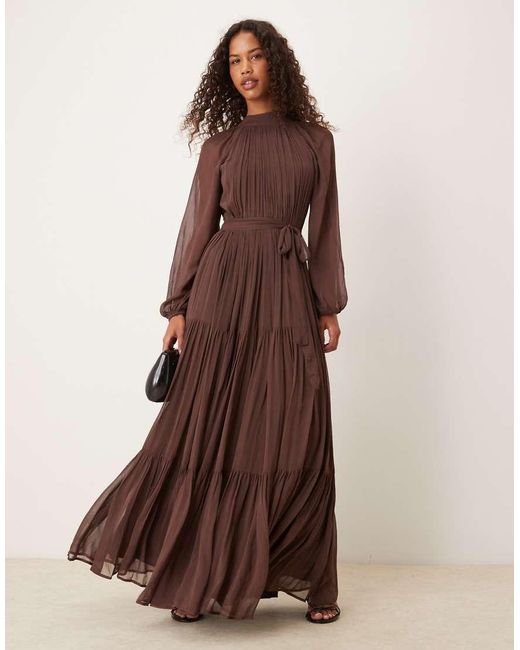 LACE & BEADS Brown Chiffon Balloon Sleeve Maxi Dress