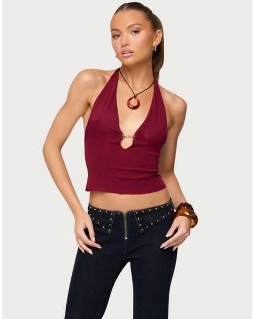 Edikted Red Missie Knitted Plunge Neck Halter Top